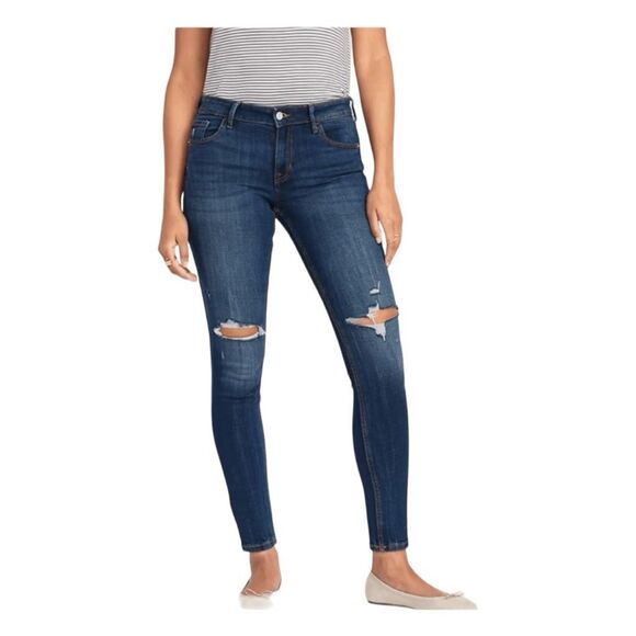 Old Navy Rockstar Mid-Rise Super Skinny Jeans Dark Wash Denim Distressed 2 - Picture 1 of 6